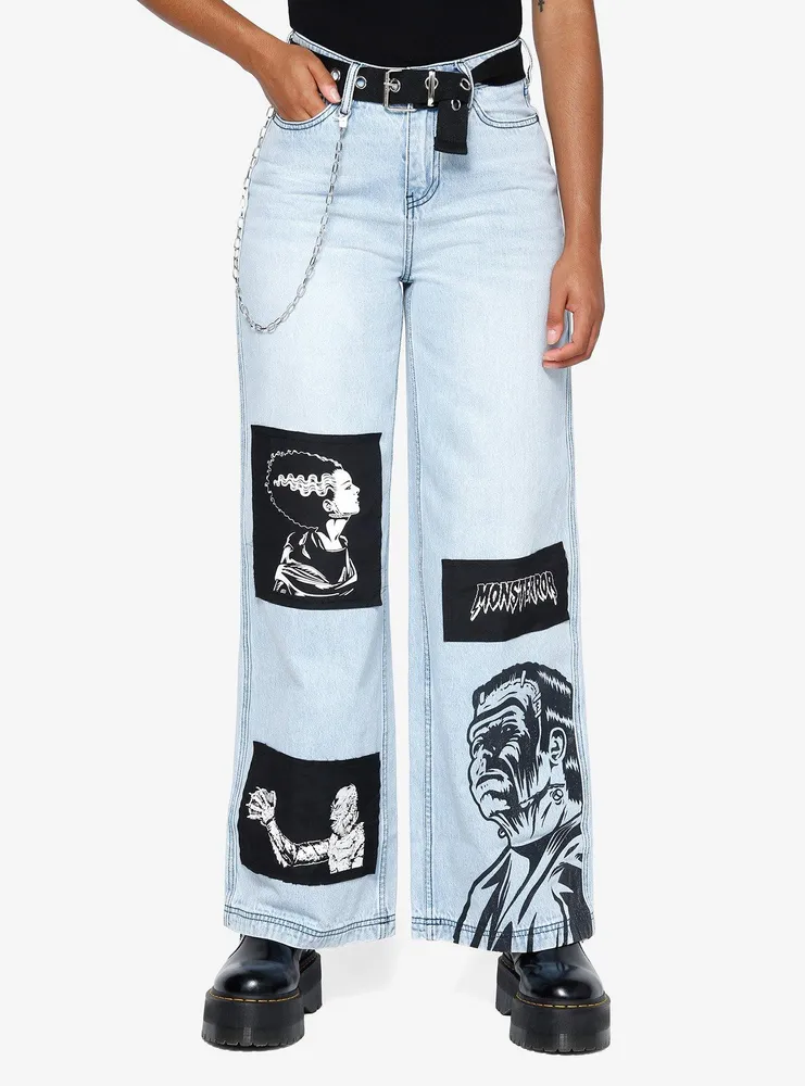 Hot Topic Universal Monsters Patch Chain Wide Leg Denim Pants With Belt