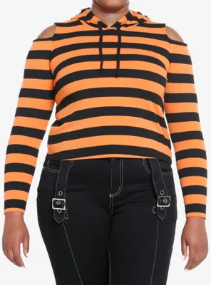 Social Collision Black & Orange Stripe Girls Crop Hooded Top Plus