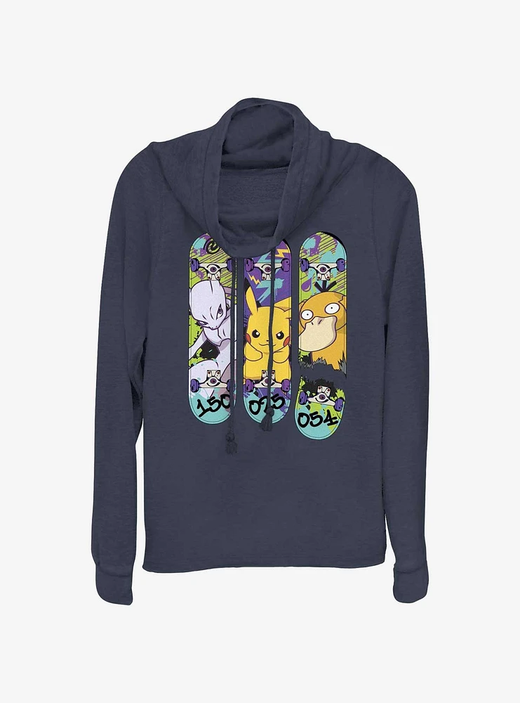 Pokemon Mewtwo, Pikachu, and Psyduck Skateboard Deck Art Long-Sleeve Cowl Neck Top