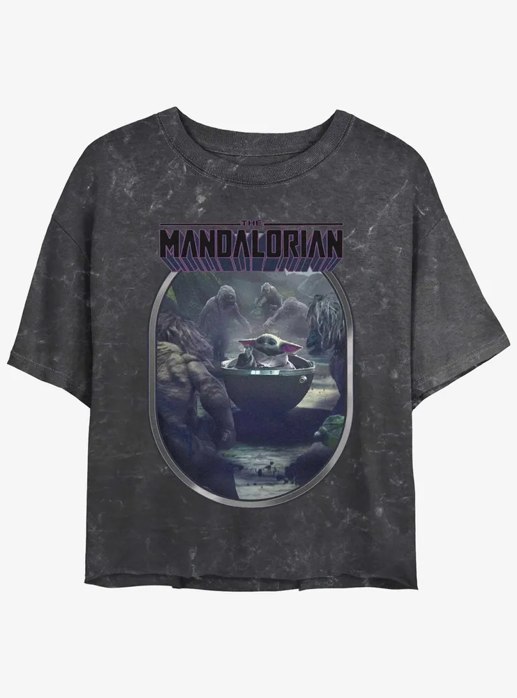 Star Wars The Mandalorian Alamites Attack Grogu Mineral Wash Womens Crop T-Shirt