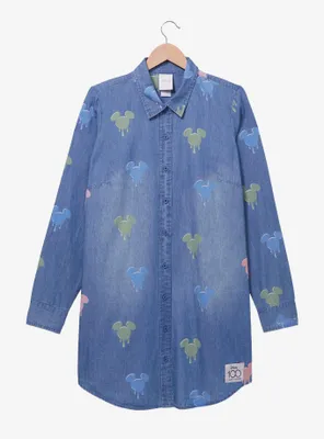 Disney 100 Mickey Mouse Allover Print Button-Down Denim Shirt Dress - BoxLunch Exclusive