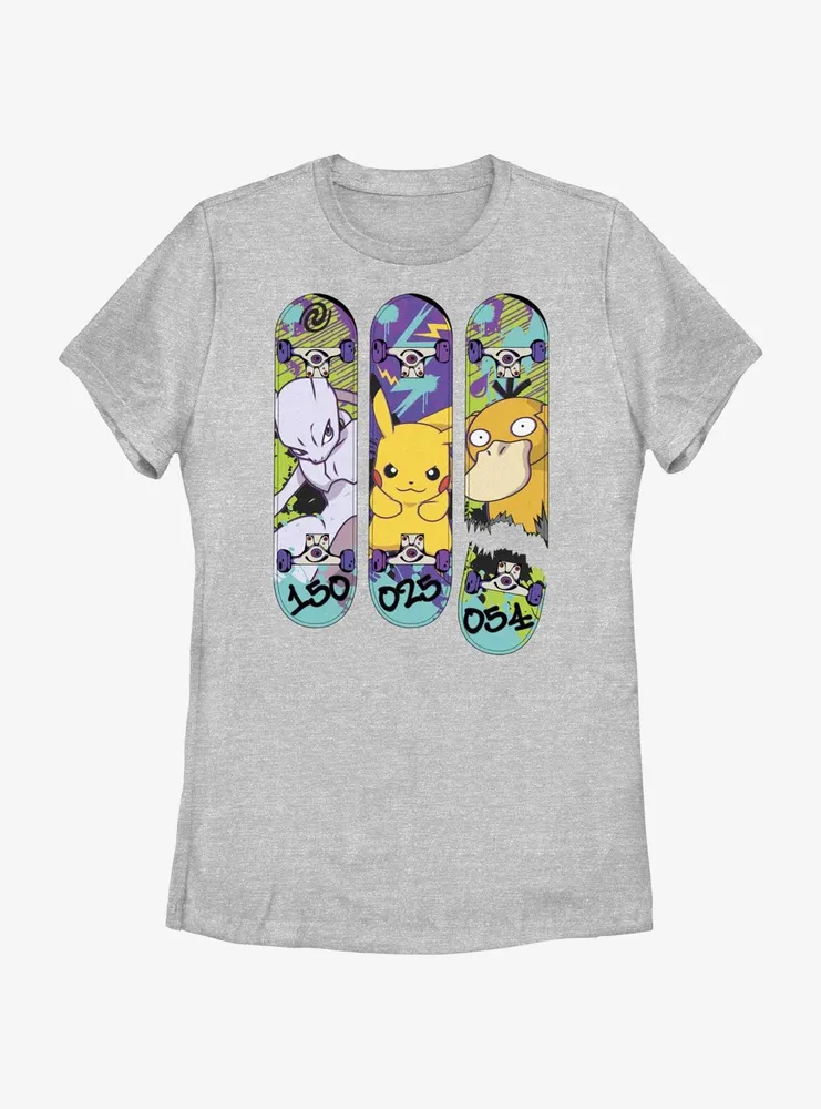 Pokemon Mewtwo, Pikachu, and Psyduck Skateboard Deck Art Womens T-Shirt