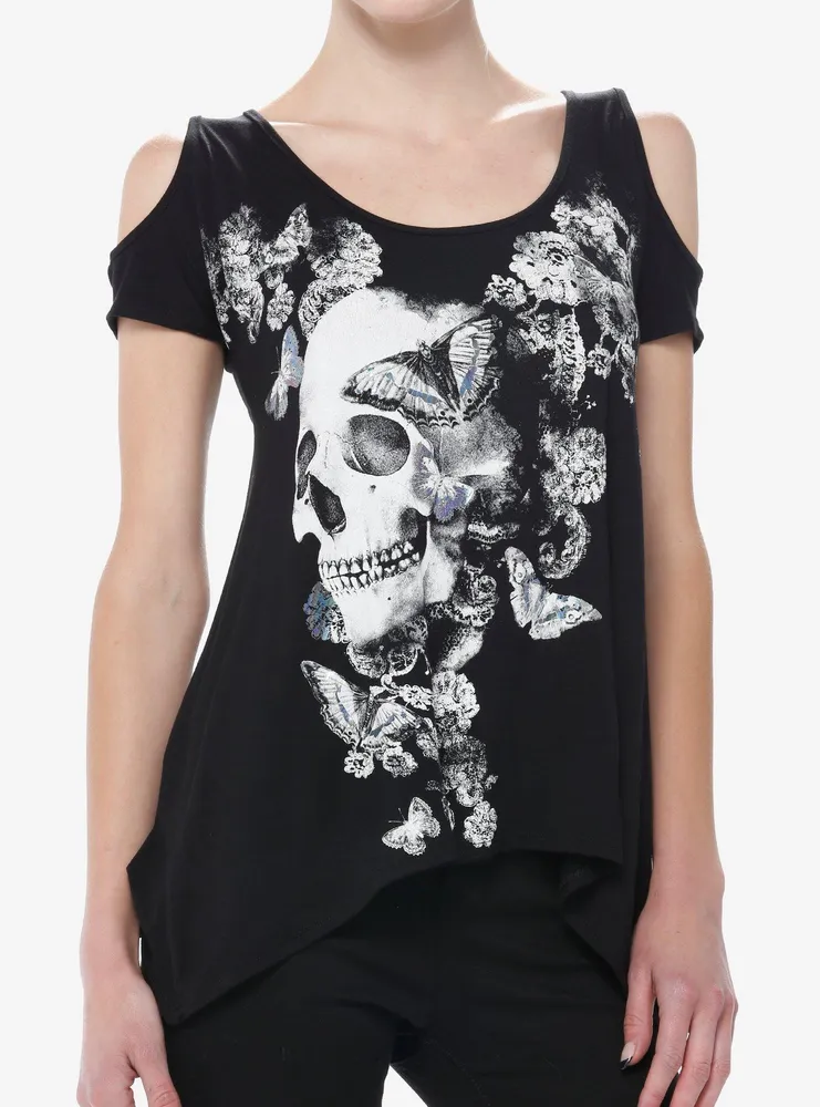 Social Collision Skull Flowers Girls Cold Shoulder Top