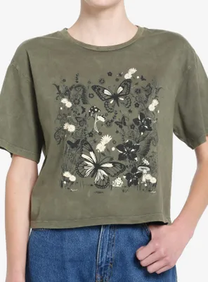 Thorn & Fable Butterfly Forest Green Wash Girls Crop T-Shirt