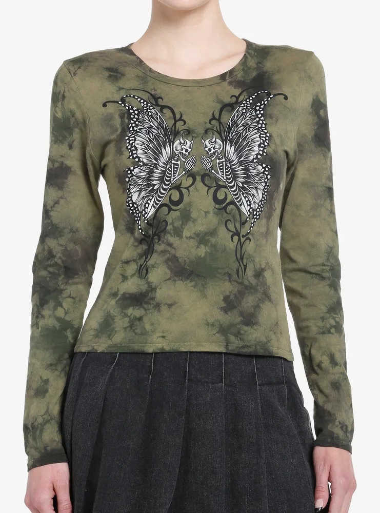 Thorn & Fable Skeleton Fairy Green Wash Girls Long-Sleeve T-Shirt