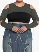 Olive Cold Shoulder Cutout Girls Crop Shrug Plus