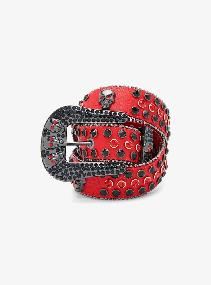 Unisex Rhinestone Bling Belt - Red and Silver - Skulls