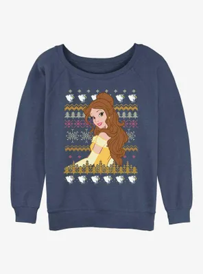 Disney Princesses Belle Teacups Ugly Christmas Womens Slouchy Sweatshirt