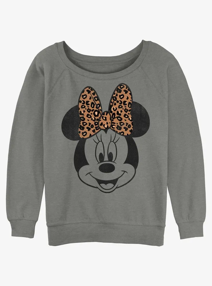 Disney Minnie Mouse Leopard Bow Womens Slouchy Sweatshirt