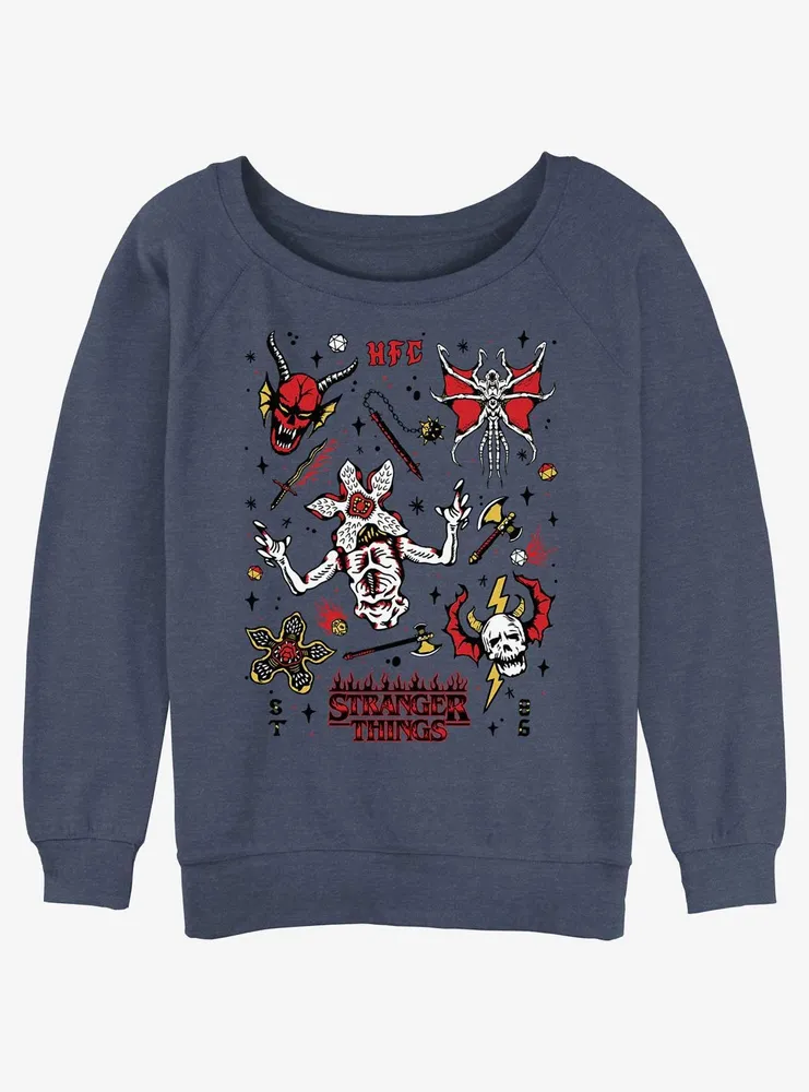 Stranger Things Hellfire Club Doodles Womens Slouchy Sweatshirt