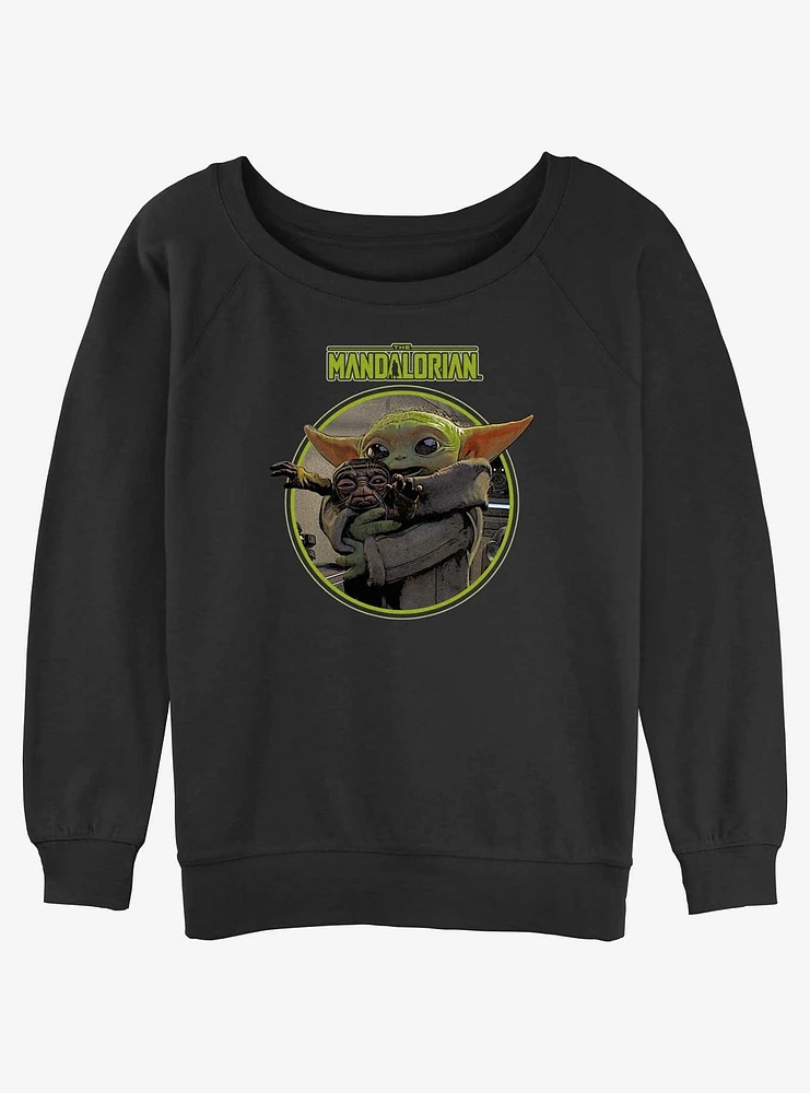 Star Wars The Mandalorian Grogu Hugging An Anzellan Slouchy Sweatshirt Hot Topic Web Exclusive