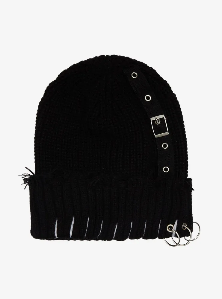 Black Buckle Pierced Beanie