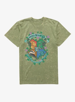 Harry Potter Hogwarts Crest Flowers Mineral Wash T-Shirt