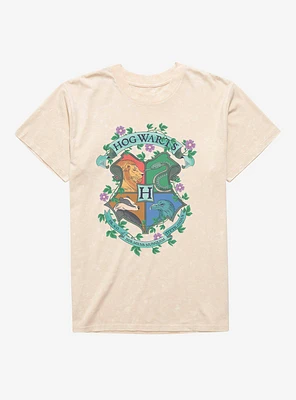 Harry Potter Hogwarts Crest Flowers Mineral Wash T-Shirt