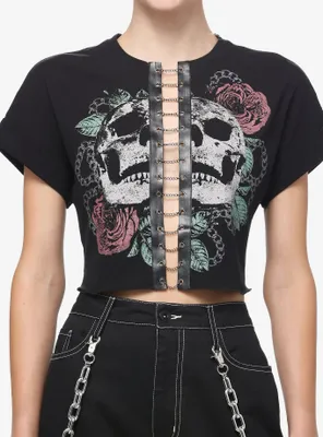 Social Collision Skull Rose Chain Girls Crop T-Shirt