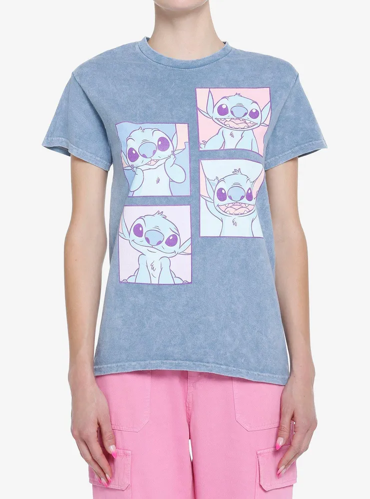 Disney Lilo & Stitch Grid Photo Blue Wash Boyfriend Fit Girls T-Shirt