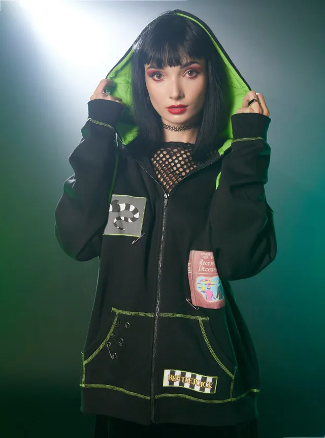 Hot Topic Beetlejuice Safety Pin Patches Girls Oversized Hoodie