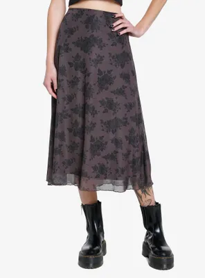 Social Collision Brown Floral Midi Skirt
