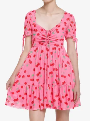 Sweet Society Cherries Pink Puff Sleeve Dress