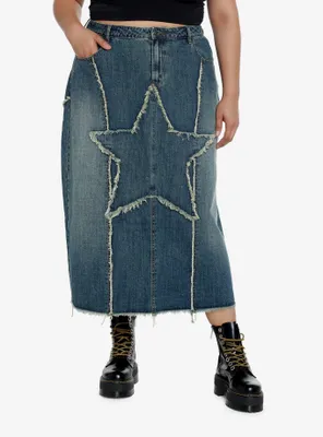 Social Collision Frayed Star Denim Maxi Skirt Plus