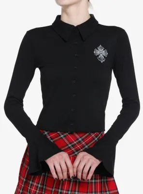 Cosmic Aura Gothic Cross Bell Sleeve Girls Button-Up Top