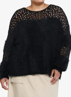 Social Collision Fuzzy Black Striped Fishnet Girls Knit Sweater Plus