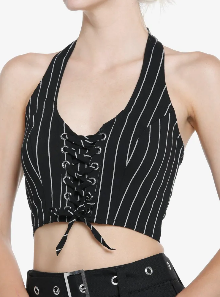 Cosmic Aura Black & White Pinstripe Girls Crop Vest