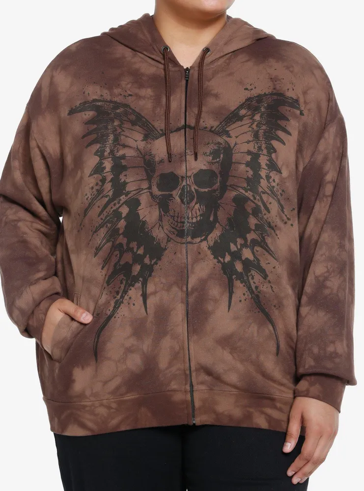 Thorn & Fable Butterfly Skull Brown Wash Girls Oversized Hoodie Plus