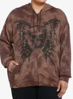 Thorn & Fable Butterfly Skull Brown Wash Girls Oversized Hoodie Plus