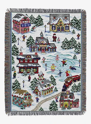 Snowy Village Holiday Woven Tapestry Throw Blanket