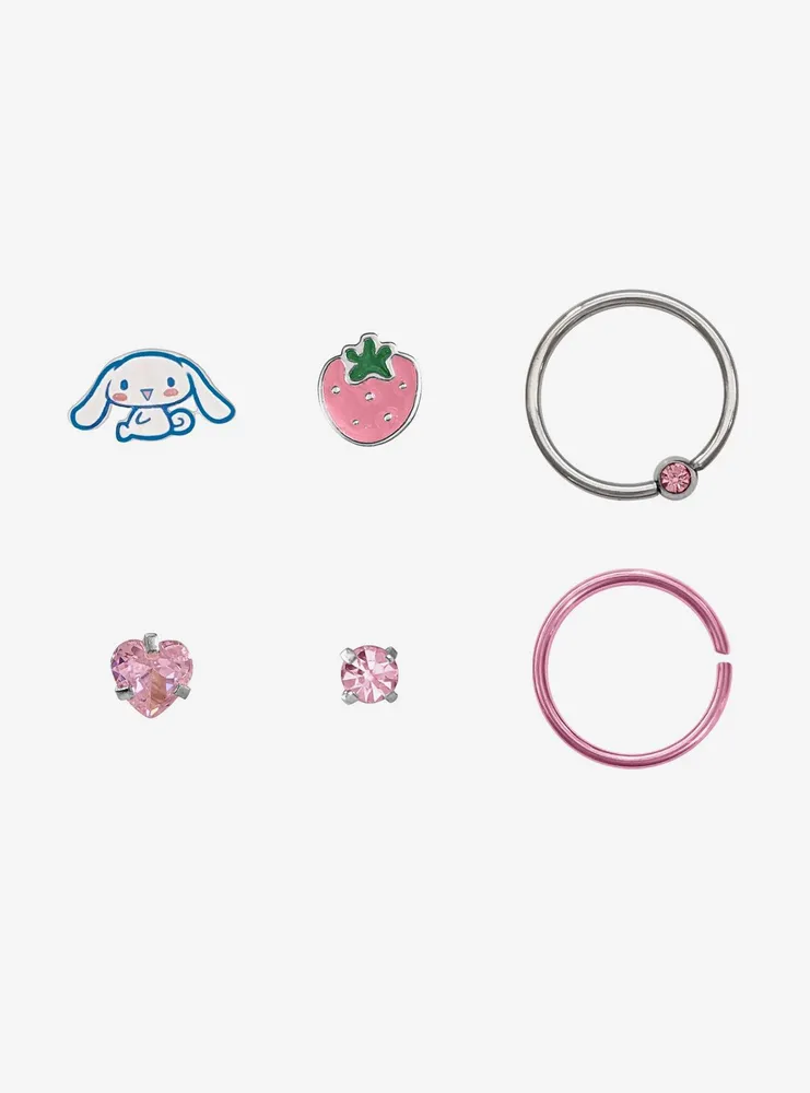 Steel Cinnamoroll Silver & Pink Strawberry Nose Stud Hoop 6 Pack