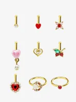 Steel Gold Red Heart & Cherry Nose Stud Hoop 9 Pack