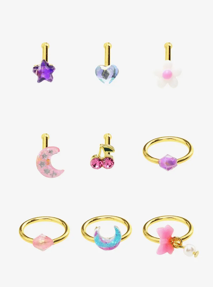 Steel Gold Kawaii Moon & Stars Nose Stud Hoop 9 Pack