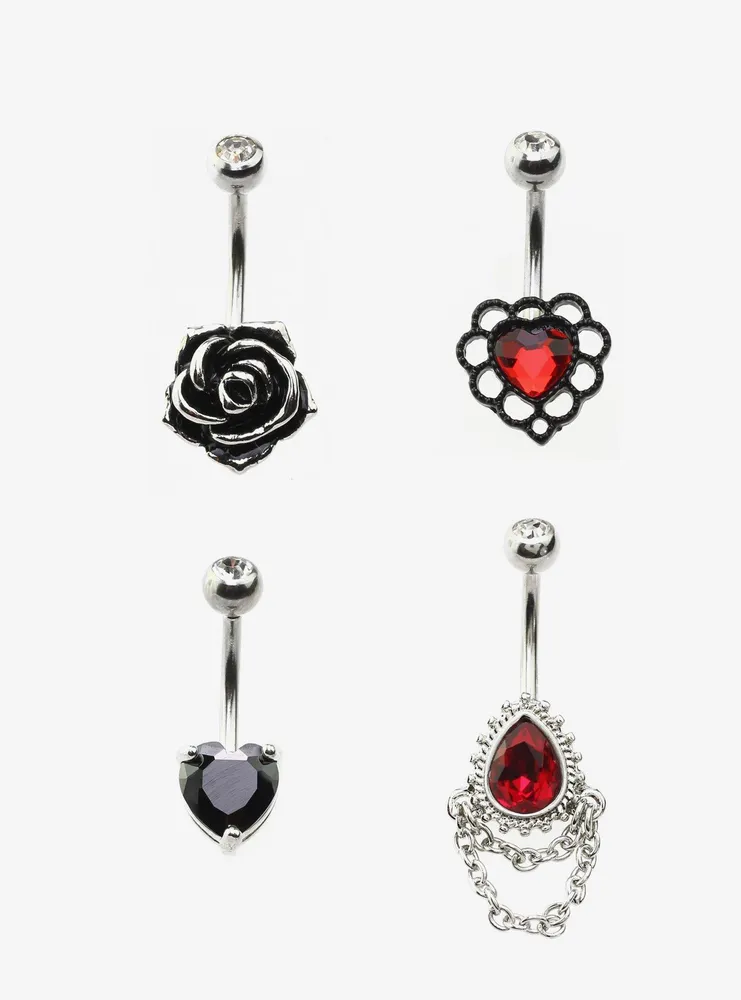 14G Steel Silver Heart & Rose Navel Barbell 4 Pack