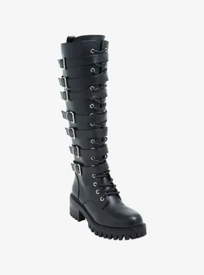 Black Multi-Buckle Knee-High Combat Boots
