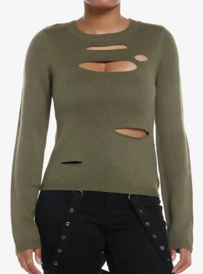Social Collision Olive Distressed Cutout Girls Sweater
