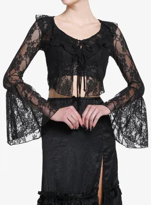 Black Lace Bell Sleeve Girls Tie-Front Top