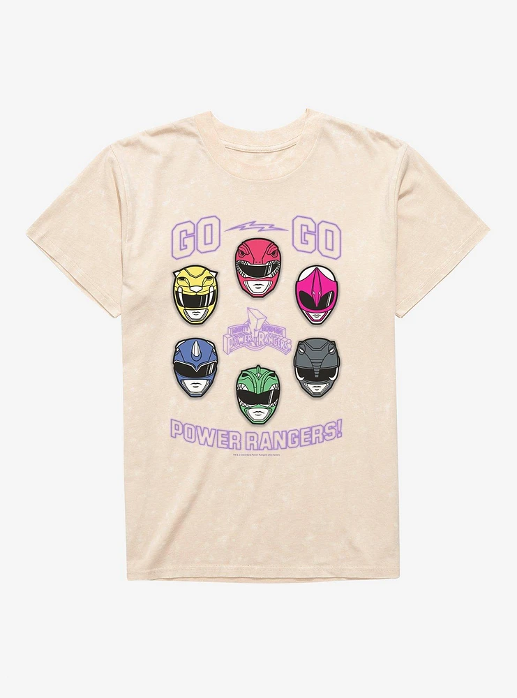 Mighty Morphin Power Rangers Go Helmets Mineral Wash T-Shirt