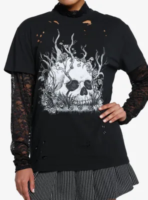 Skull Roots Lace Girls Long-Sleeve Twofer T-Shirt By Ghoulish Bunny Studios