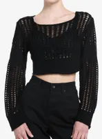 Black Open Knit Girls Crop Sweater