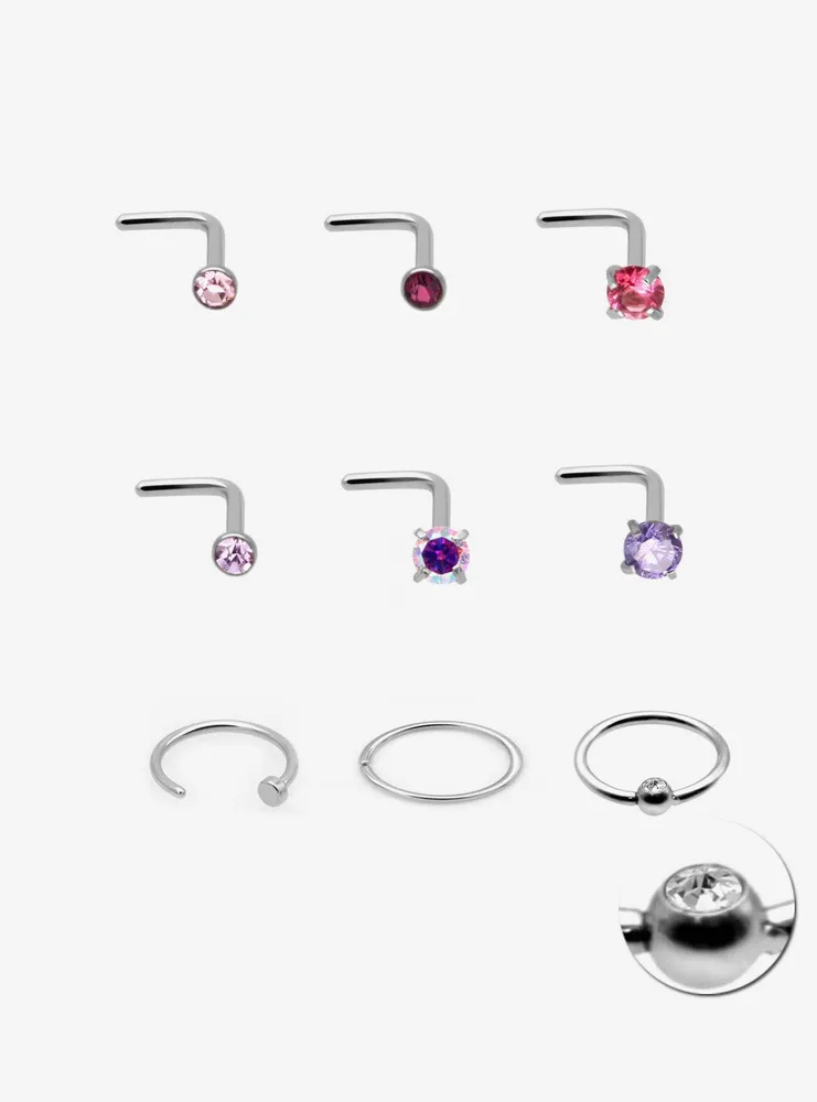 Steel Purple & Pink Nose Stud Hoop 9 Pack