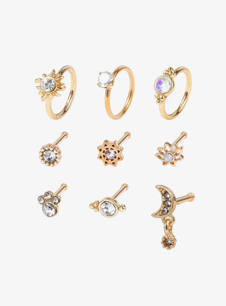 Steel Gold Lotus Moon Nose Stud & Hoop 9 Pack