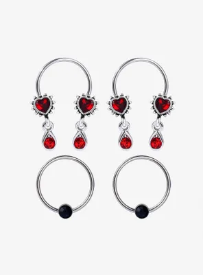 Steel Red Heart Dangle Circular Barbell & Captive Hoop 4 Pack