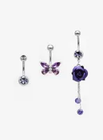 14G Steel Purple Butterfly & Rose Navel Barbell 3 Pack