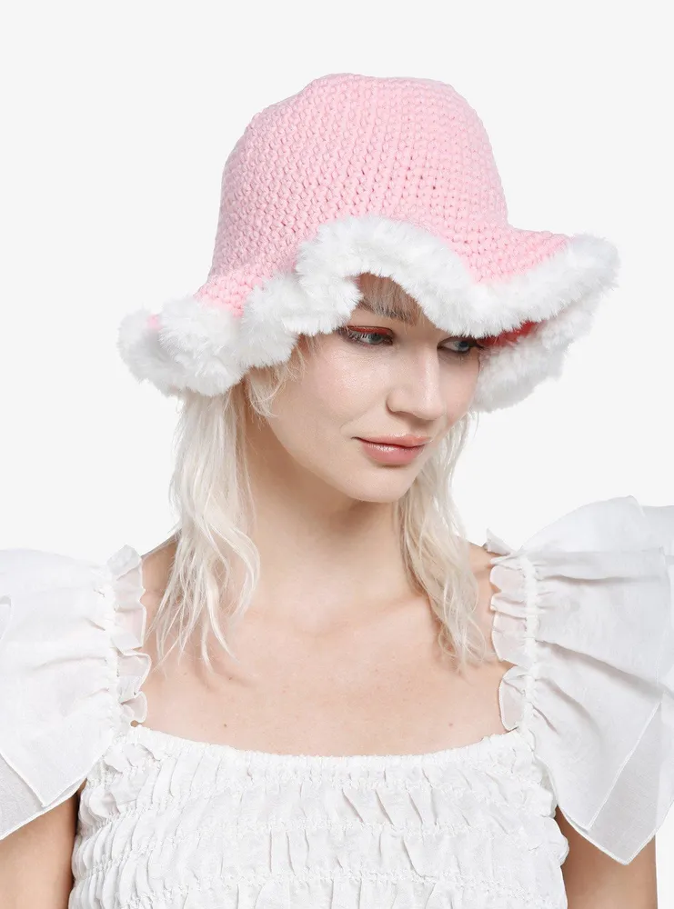 Pink Crochet White Fur Trim Bucket Hat