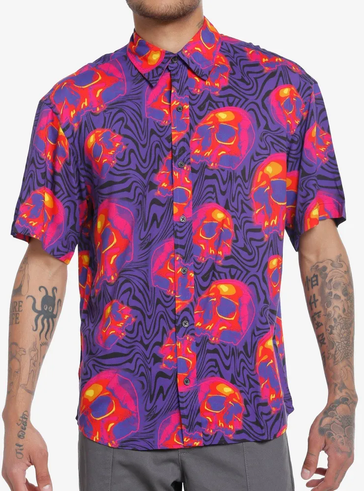 Neon Pink & Orange Skull Waves Woven Button-Up