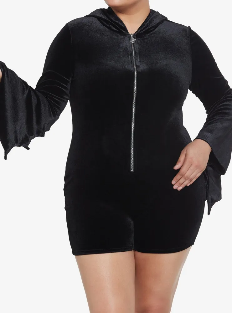 Cosmic Aura Black Spiderweb Bell-Sleeve Velvet Romper Plus