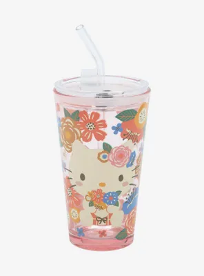 Sanrio Hello Kitty Floral Pint Glass with Lid and Straw