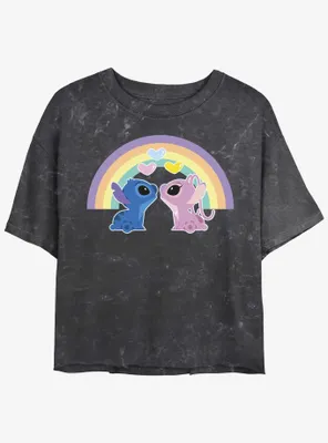 Disney Lilo & Stitch Angel Love Under The Rainbow Mineral Wash Womens Crop T-Shirt