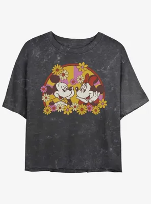 Disney Mickey Mouse & Minnie Spring Bloom Mineral Wash Womens Crop T-Shirt